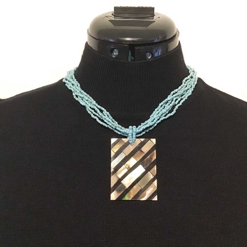Teal Beaded Necklace with Mother of Pearl Pendant